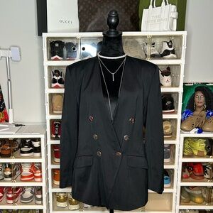 Evan Picone 80s Vintage Size 8 Padded Shoulders Black double breasted blazer